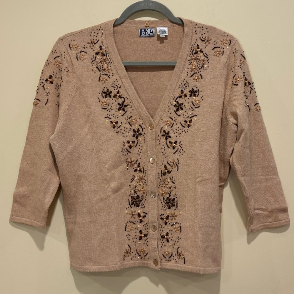 IRKA by 8998 Beaded Cardigan with Genuine Rabbit Fur Trim – Medium - Picture 1 of 6